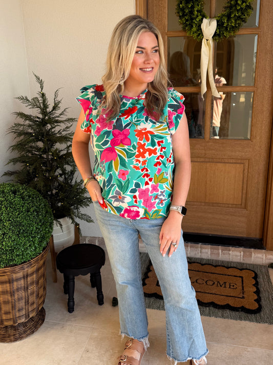 Teal Floral Flutter Sleeve Top