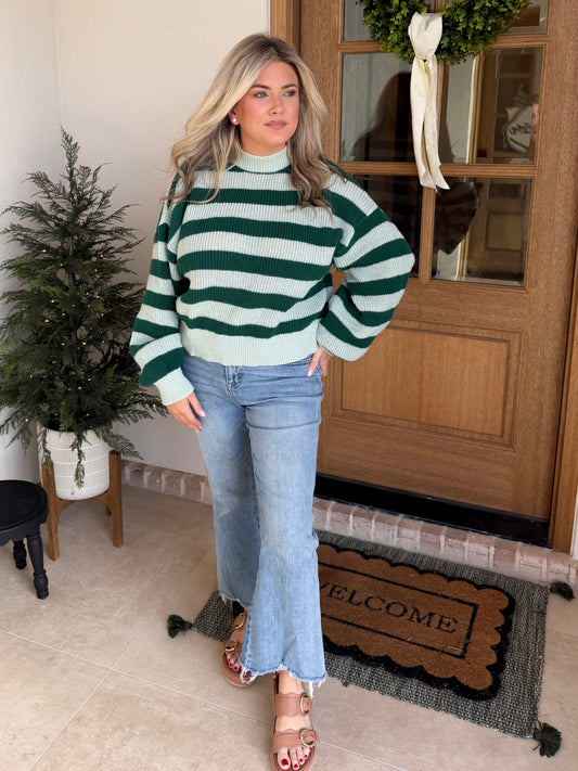 Green Striped Drop Sleeve Sweater