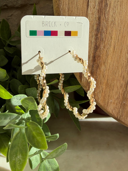 Gold and Pearl Twisted Hoops