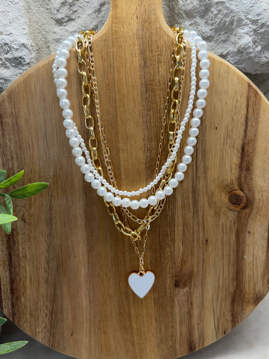 Gold and Pearl Heart Necklace Stack