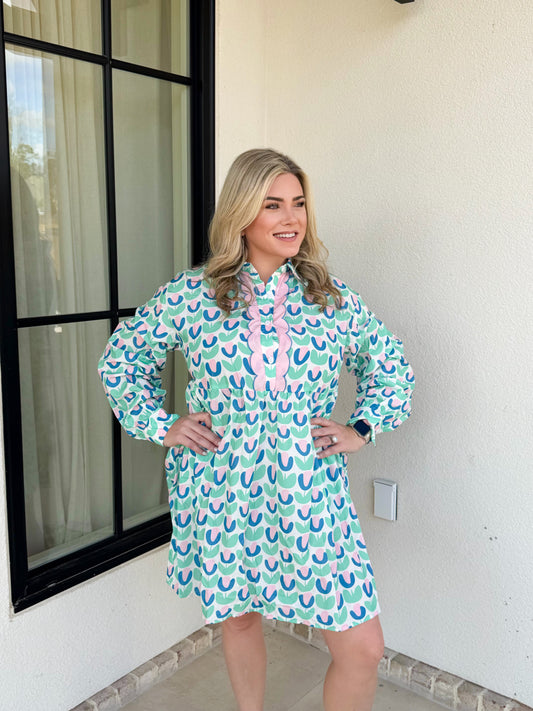 Green Floral Scalloped Dress