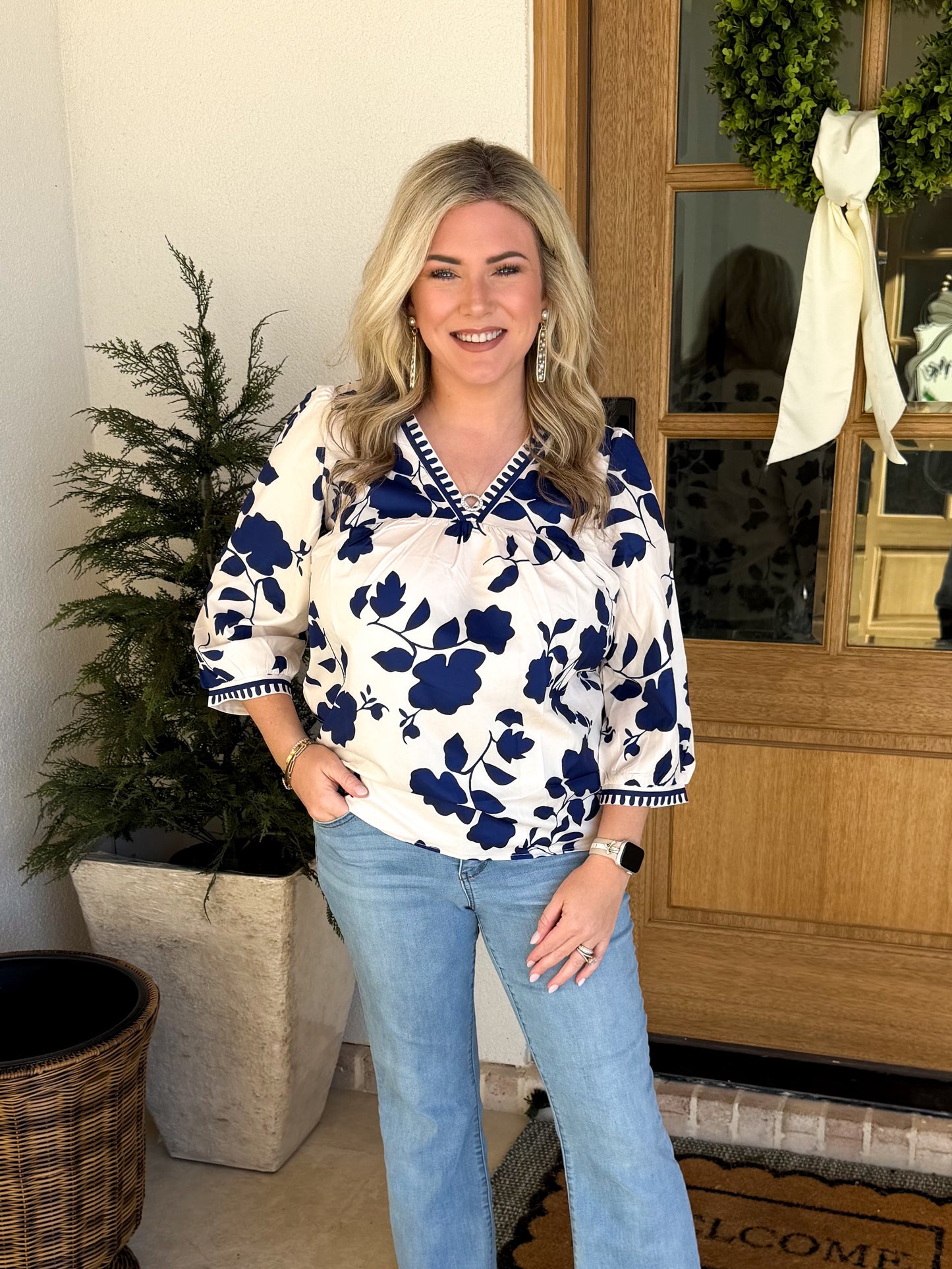Navy and Cream Floral Top