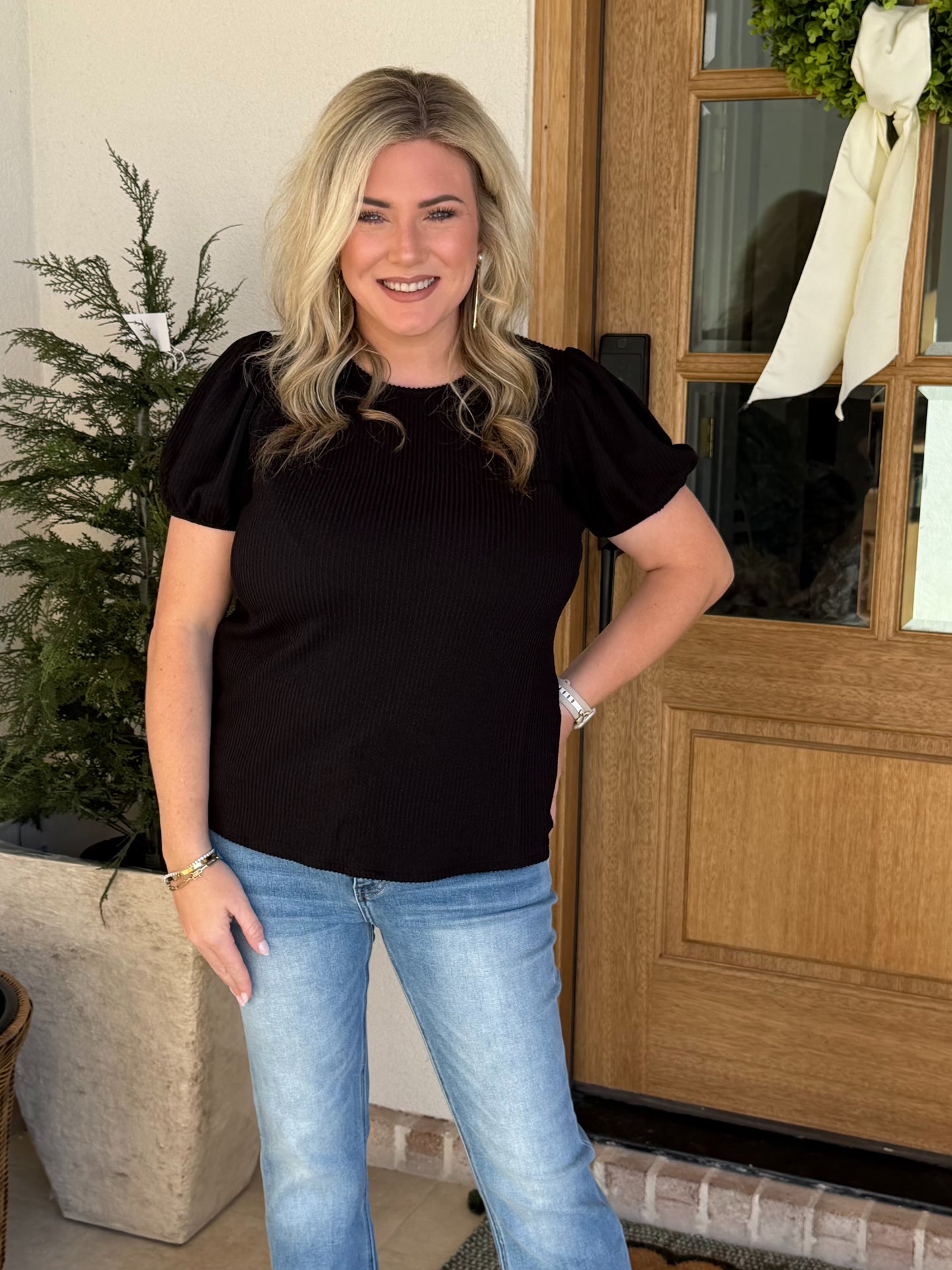 Black Ribbed Puff Sleeve Top