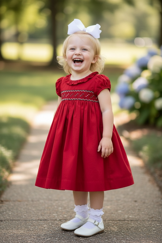 Red and Grey Smocked Corduroy Dress